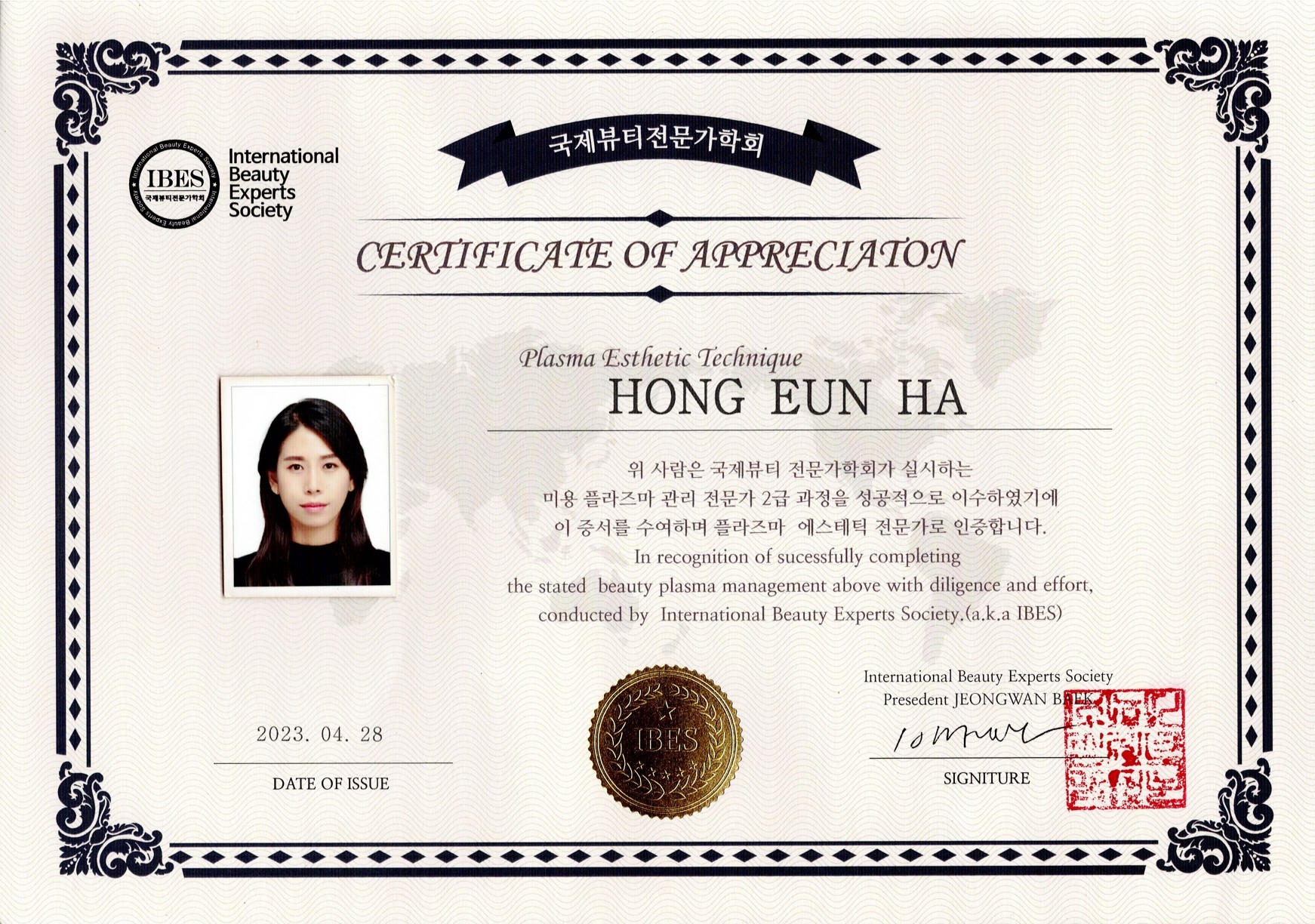 IBES Plasma Esthetic 인증서